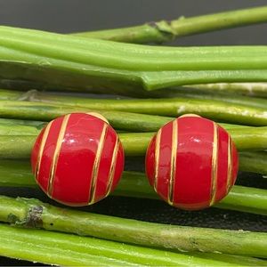 Vintage MONET Red Enameled Round Gold-tone Clip On Earrings